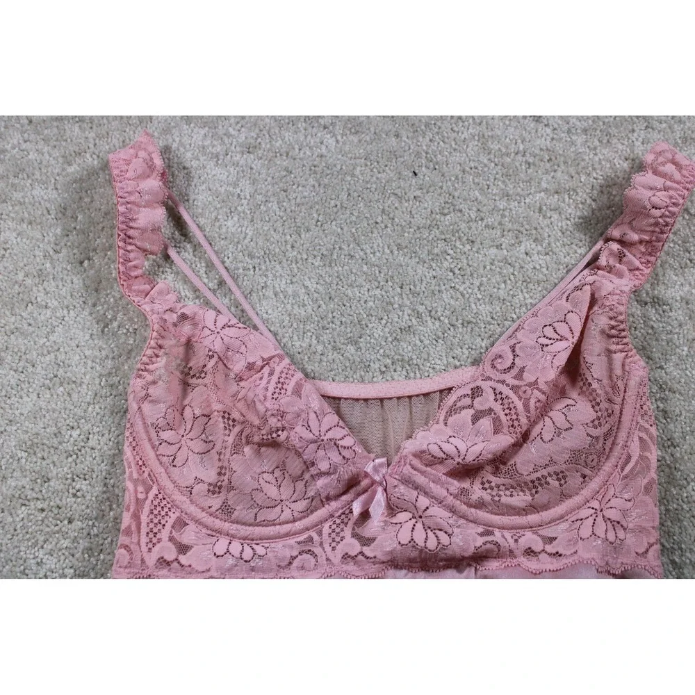 Vintage Lingerie Nightgown Womens Large Pink Lace Sheer Mesh Babydoll Slip 90s - Picture 4 of 6